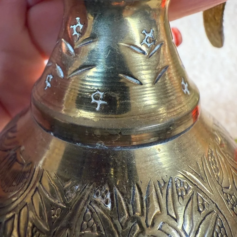 Vintage Gold Tone Brass Etchied Jerusalem Israel Pitchers Set of 2 Small Pourer